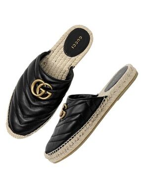 GUCCI GG Marmont Black Leather Espadrille Mules Slides